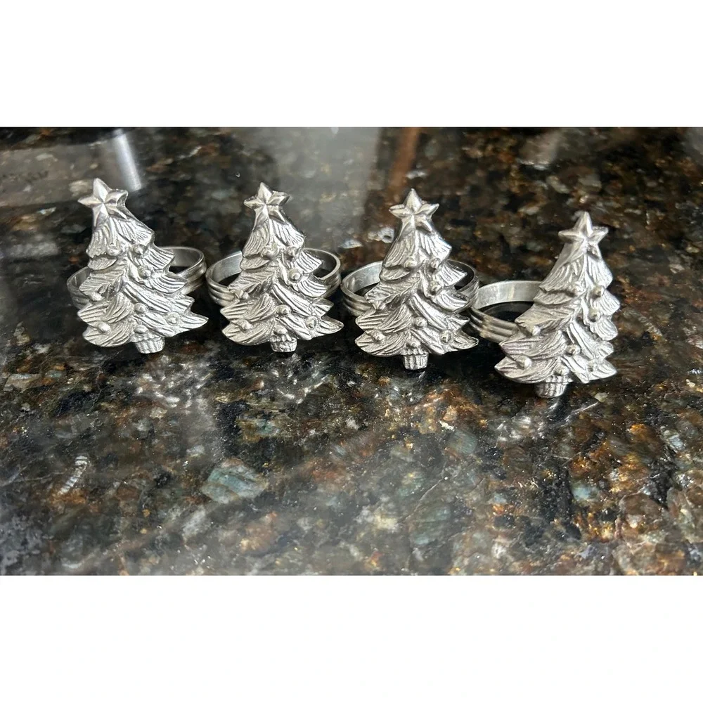 Silver Christmas Tree Napkin Rings Set of 4 Holiday Table Decor Star Top Metal